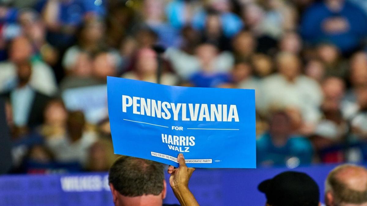 A Harris/Walz sign at a rally in Pennsylvania